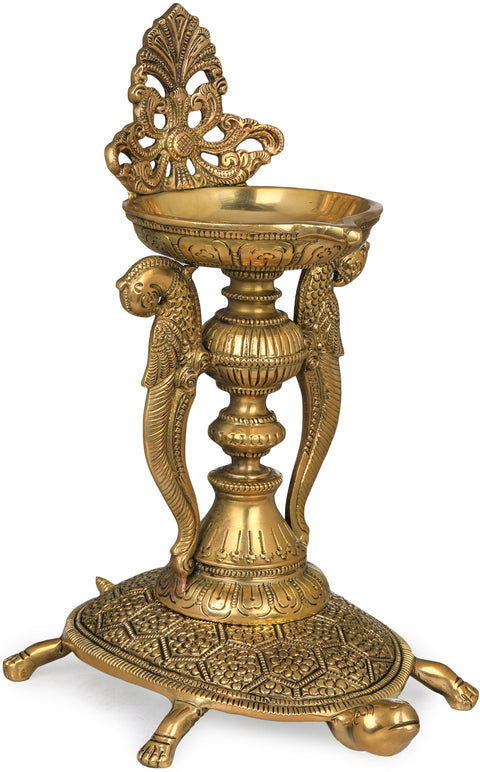 Delightful Vastu Parrot Tall Lamp on Carved Tortoise