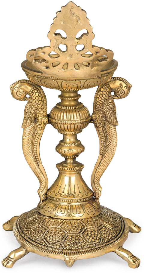 Delightful Vastu Parrot Tall Lamp on Carved Tortoise