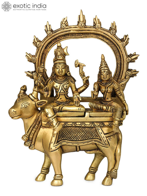 7" Shiva Parvati Seated on Nandi Brass Statue Handmade