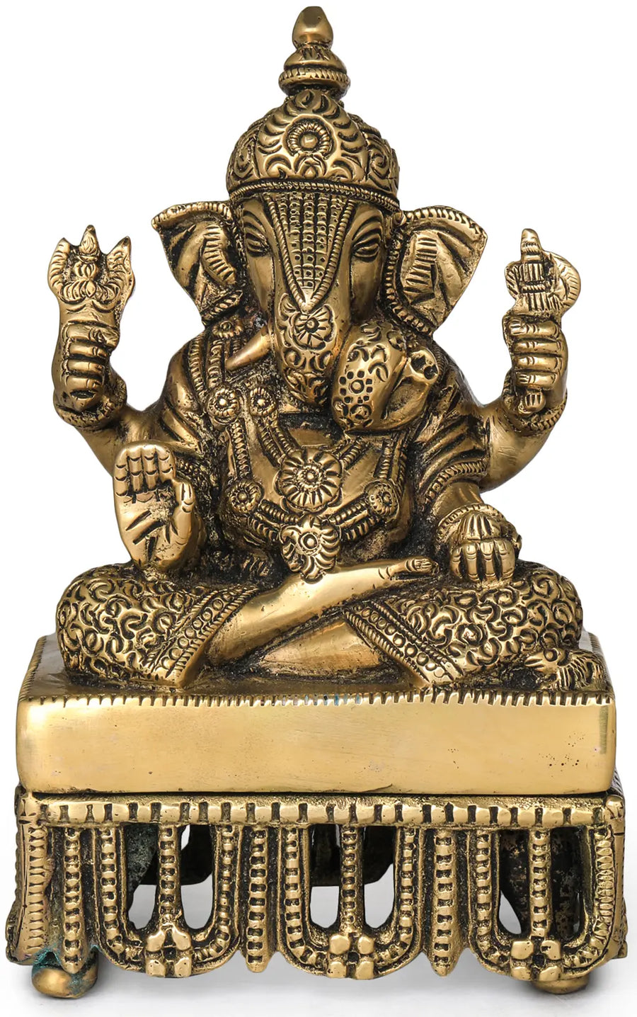 6" Brass Ganesha Idol Seated on Chowki Handmade