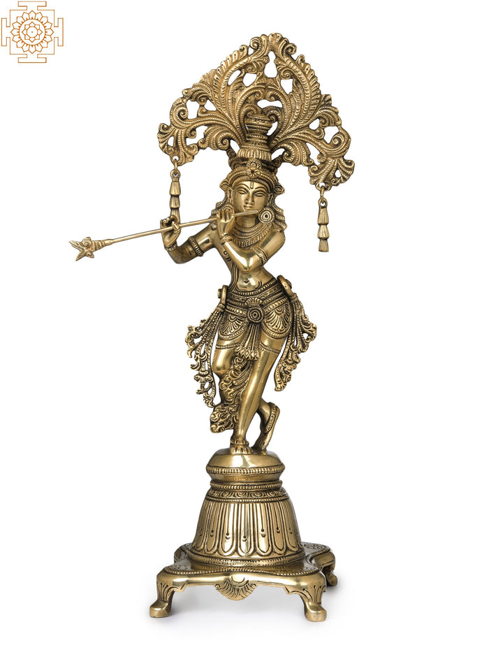 14" Handmade Krishna Brass Statue for Home Decor