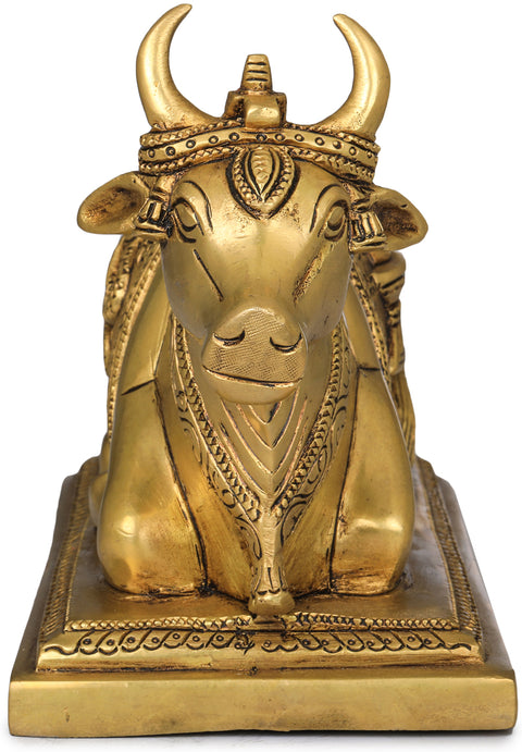 8" Nandi with Shiva Linga on His Head and Overcloth In Brass | Handmade | Made In India
