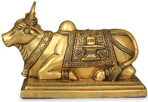 8" Nandi with Shiva Linga on His Head and Overcloth In Brass | Handmade | Made In India