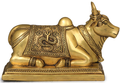 8" Nandi with Shiva Linga on His Head and Overcloth In Brass | Handmade | Made In India
