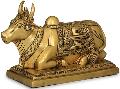 8" Nandi Brass Statue with Shiva Linga and Overcloth Handmade