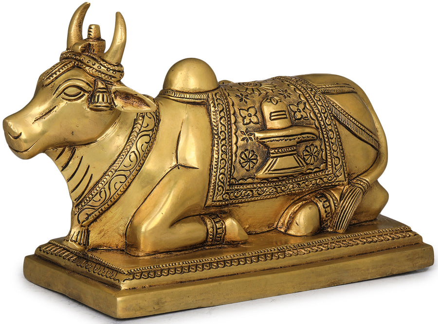 8" Nandi Brass Statue with Shiva Linga and Overcloth Handmade