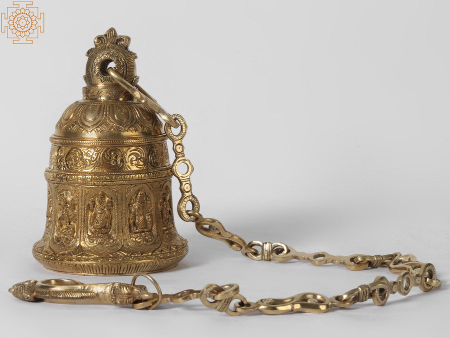 8" Brass Dashavatara Vishnu Temple Bell with Chain for Pooja