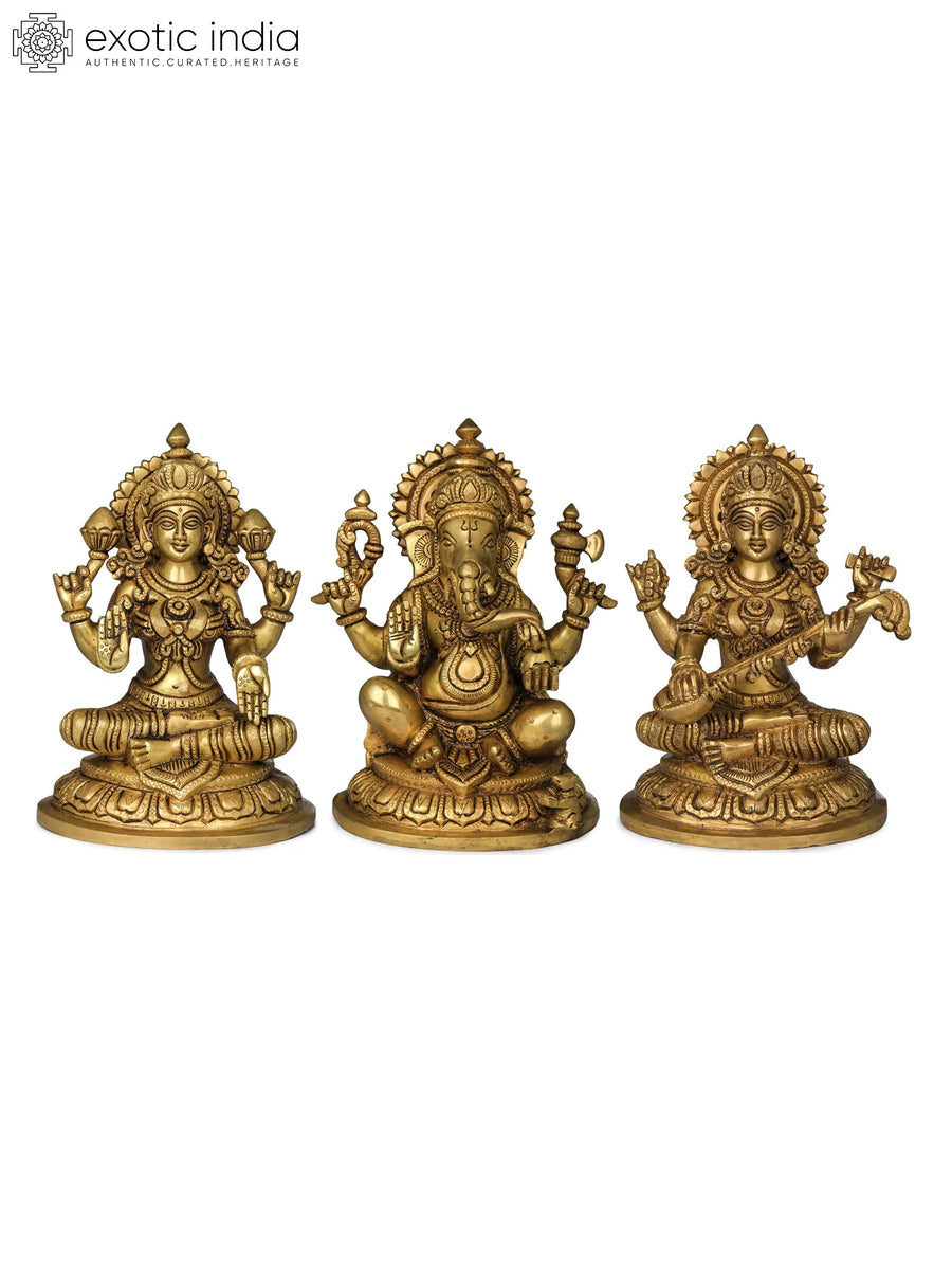 7" Lakshmi Ganesha Saraswati Brass Statue Handmade