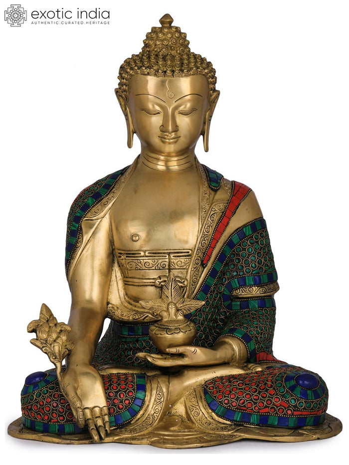 16" Handmade Medicine Buddha Brass Statue in Blue Robe
