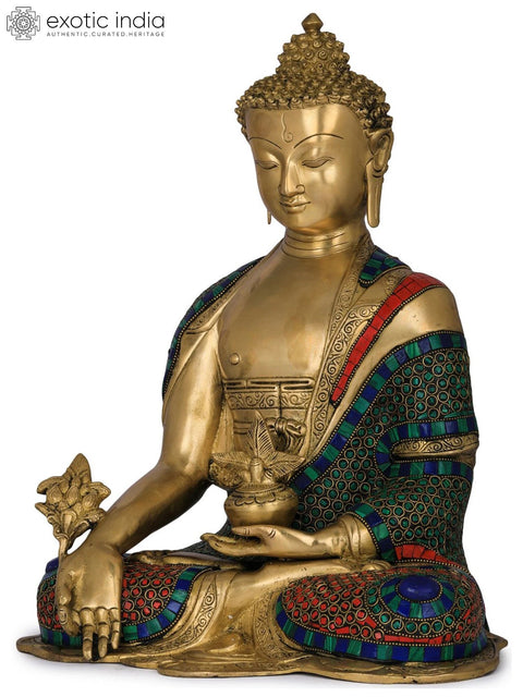 16" Resplendent Medicine Buddha in A Robe of Blue | Handmade Brass Statue