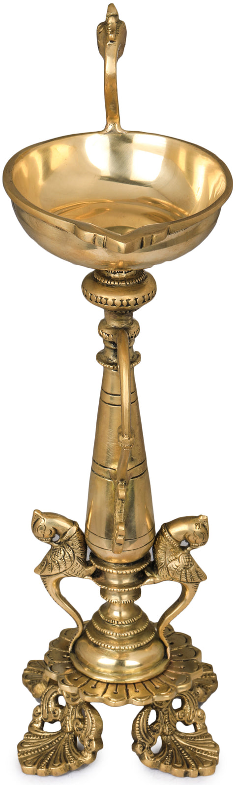 12" Peacock and Parrots Ritual Lamp in Brass | Handmade | Made in India