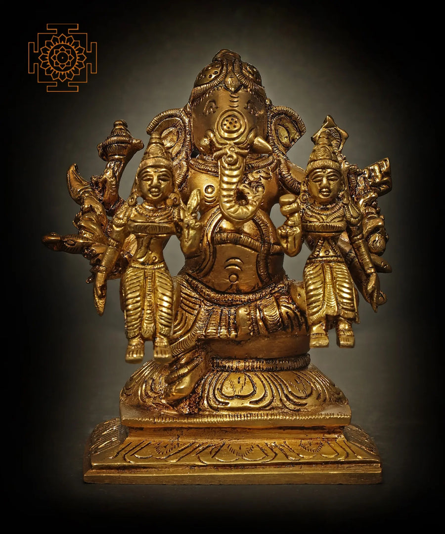 4" Ganesha with Riddhi Siddhi Handmade Brass Statue