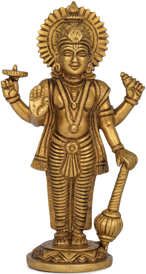 7" Four-Armed Standing Vishnu Brass Statue Handmade