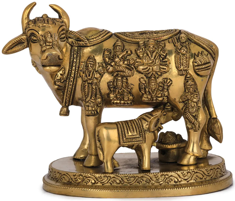 5" Brass Cow and Calf Statue Handmade