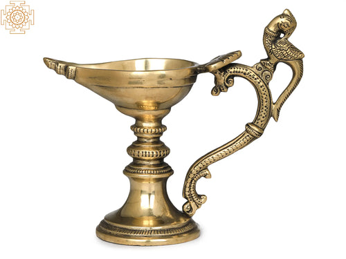 Tall Brass Diya Lamp with Parrot Handle for Pooja