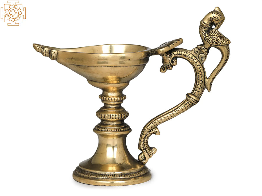 Tall Brass Diya Lamp with Parrot Handle for Pooja