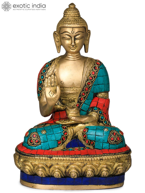 8" Brass Buddha Statue in Ashirwad Mudra - Handmade Tibetan Buddhist Deity