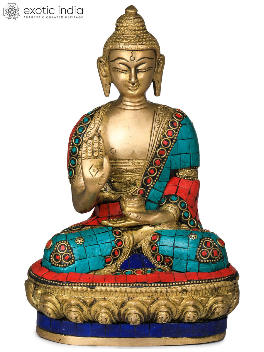 8" Brass Buddha Statue in Ashirwad Mudra - Handmade Tibetan Buddhist Deity