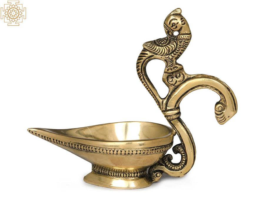 Small Brass Diya Lamp with Parrot Handle for Pooja