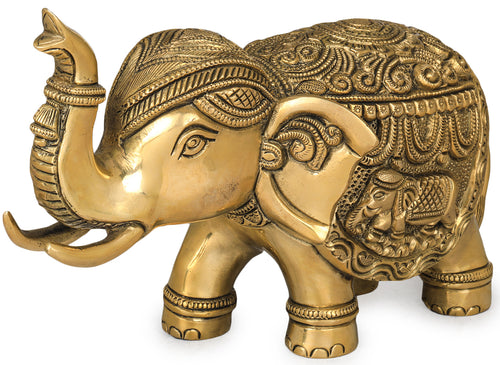 Handmade Brass Elephant Statue with Upraised Trunk for Pooja