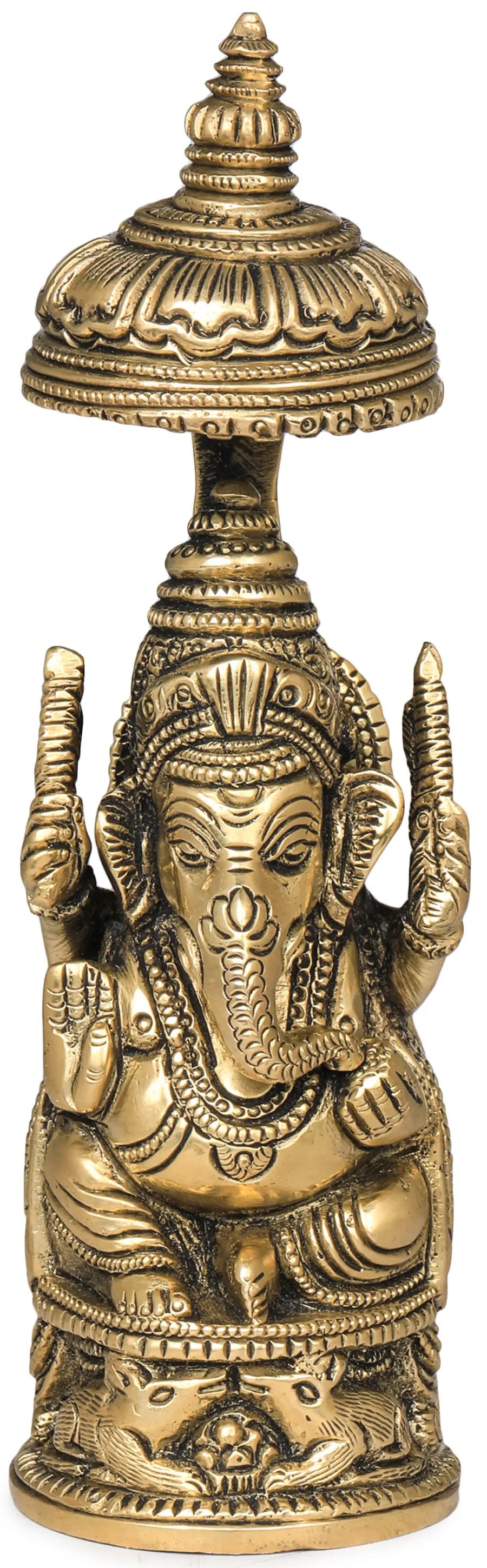 5" Carved Ganesha Umbrella Brass Idol Handmade