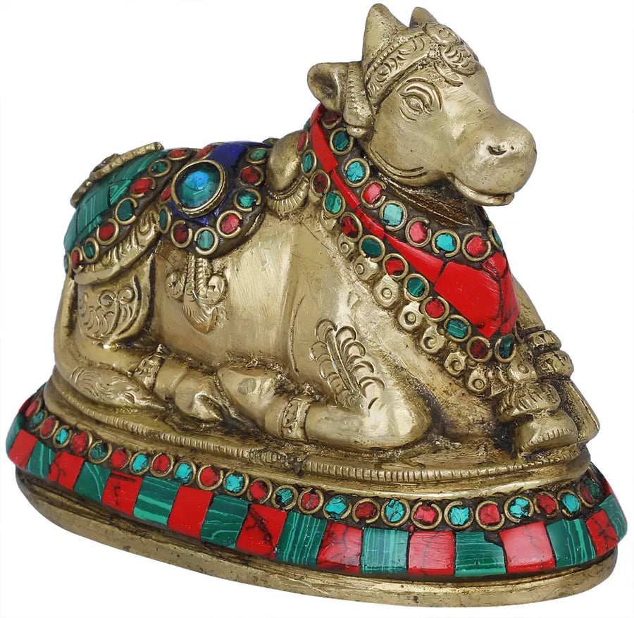 3" Small Handmade Nandi Brass Statue with Inlay Detail