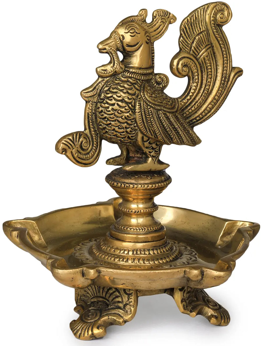 6" Handmade Peacock Brass Oil Lamp with Five Wicks