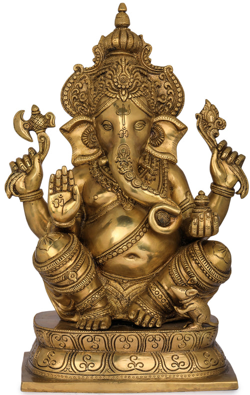 15" Blessing Ganesha Brass Statue with Majestic Crown Handmade