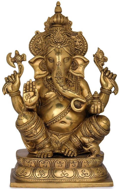 15" Blessing Ganesha Wearing a Majestic Crown In Brass | Handmade | Made In India