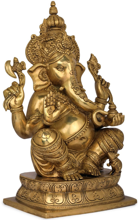 15" Blessing Ganesha Wearing a Majestic Crown In Brass | Handmade | Made In India