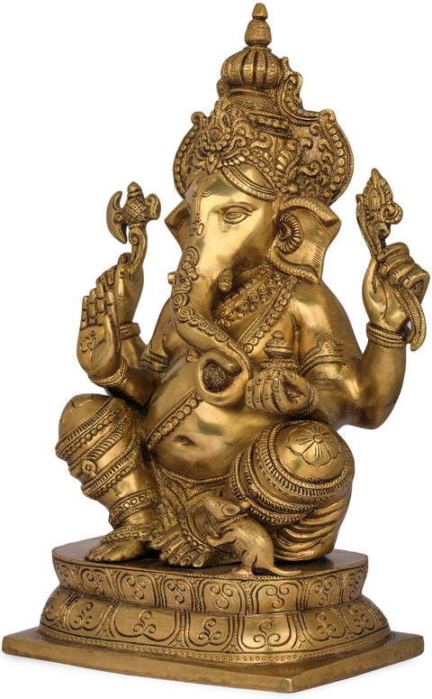 15" Blessing Ganesha Wearing a Majestic Crown In Brass | Handmade | Made In India