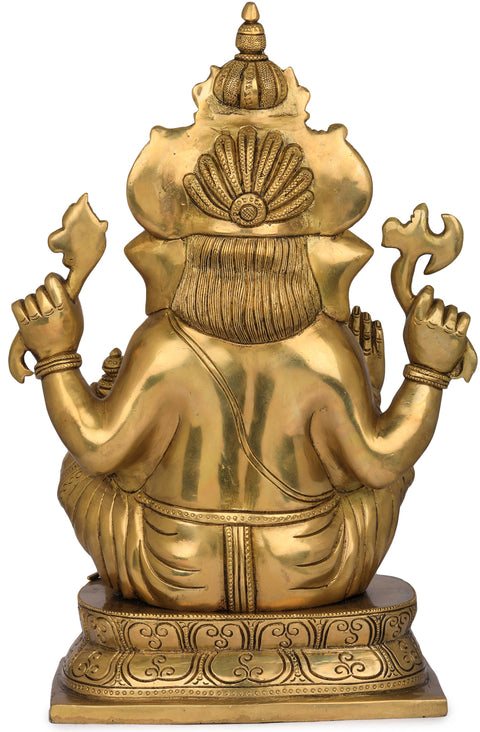 15" Blessing Ganesha Wearing a Majestic Crown In Brass | Handmade | Made In India