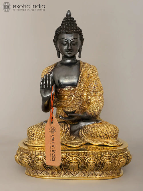 16" Handmade Blessing Buddha Brass Statue with Carved Robe