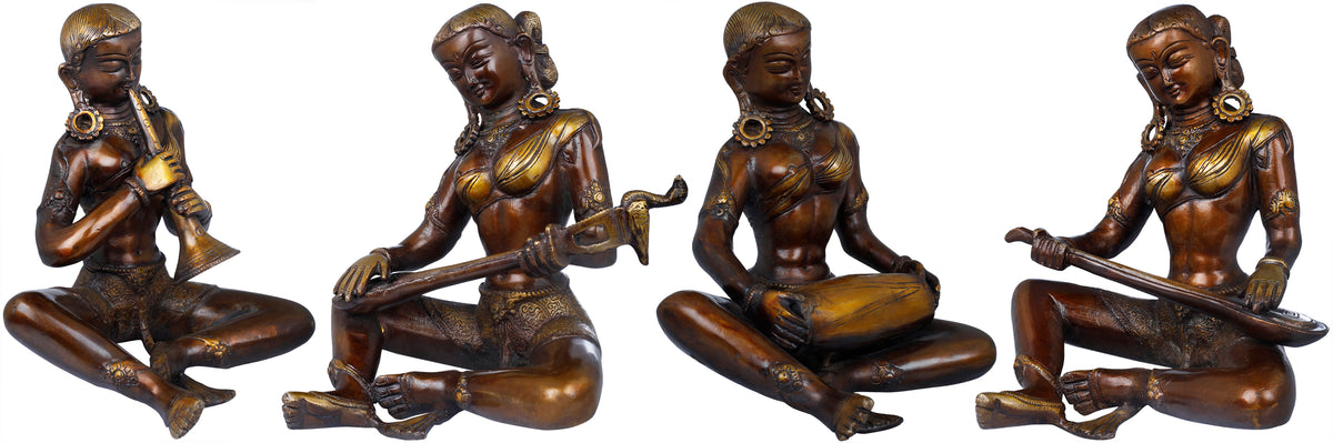 8" Folk Musicians Set of Four Female Brass Figurines | Home Altar Decor