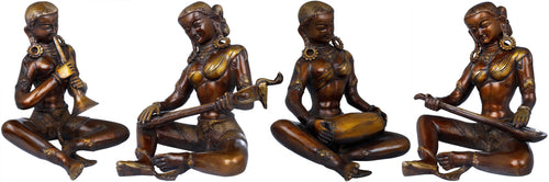 8" Folk Musicians Brass Figurines Set of Four Female Statues