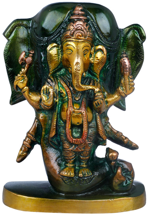 5" Lord Ganesha Brass Idol with Elephant Head Backdrop