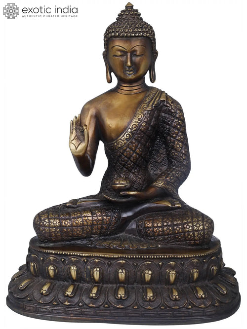 10" Buddha in Chequered Robe Handcrafted Brass Statue