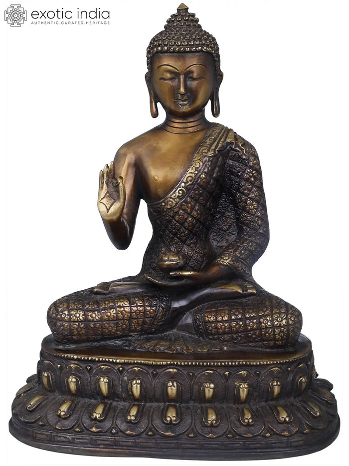 10" Buddha in Chequered Robe Handcrafted Brass Statue