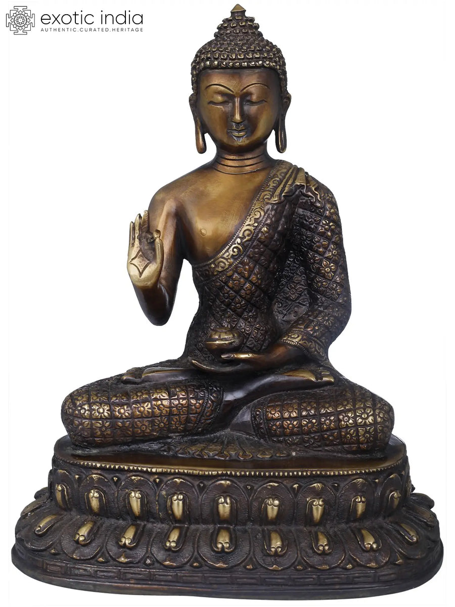 10" Buddha in Chequered Robe Handcrafted Brass Statue