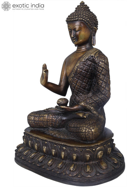 10" Chequered Robe Buddha Brass Statue | Indian Handcrafted Idol