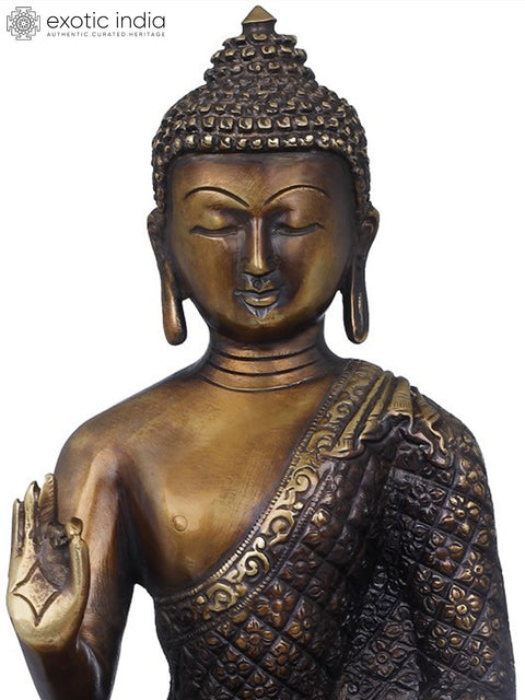 10" Chequered Robe Buddha Brass Statue | Indian Handcrafted Idol