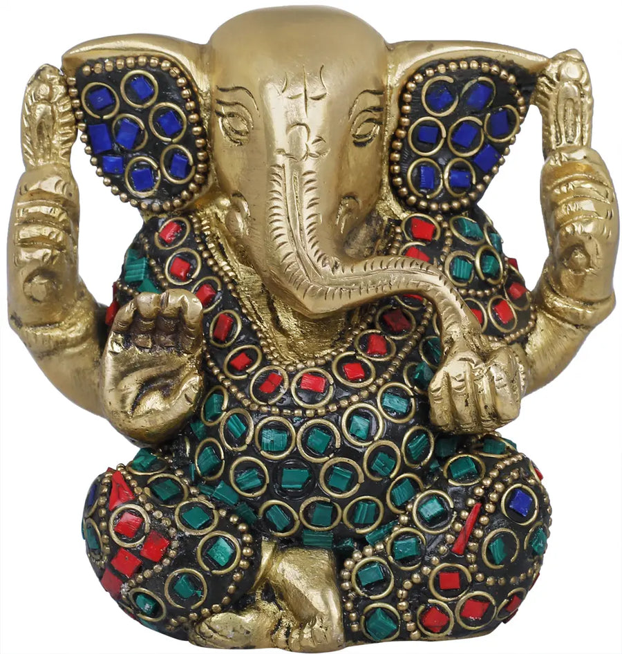 3" Stone Inlaid Ganesha Handmade Brass Sculpture