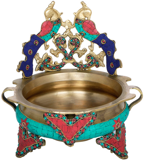 Brass Peacock Urli with Inlay Work