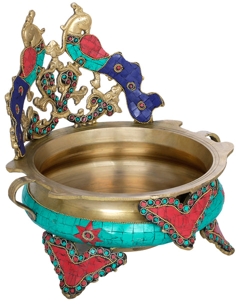 Brass Peacock Urli with Inlay Work