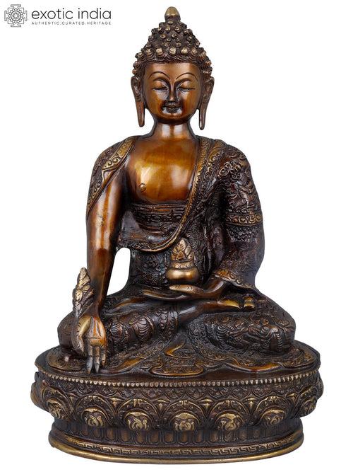 12" Brass Medicine Buddha Statue with Life Scenes, Handmade