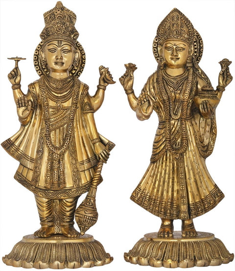 18" Standing Vishnu and Lakshmi on Upturned Lotus Blooms | Handmade Brass Statue