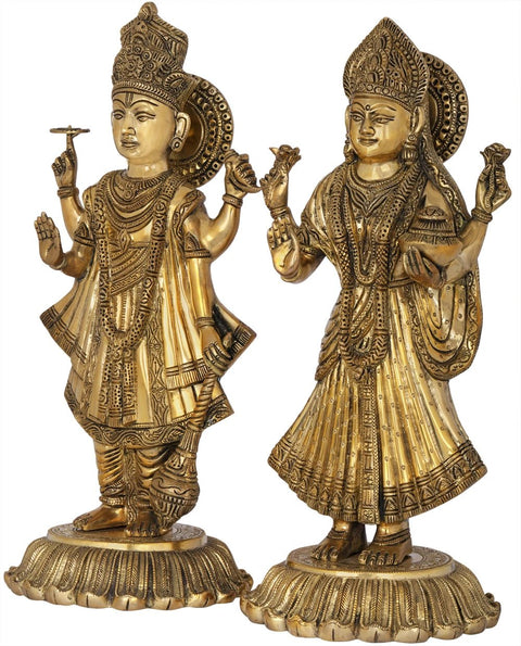 18" Standing Vishnu and Lakshmi on Upturned Lotus Blooms | Handmade Brass Statue