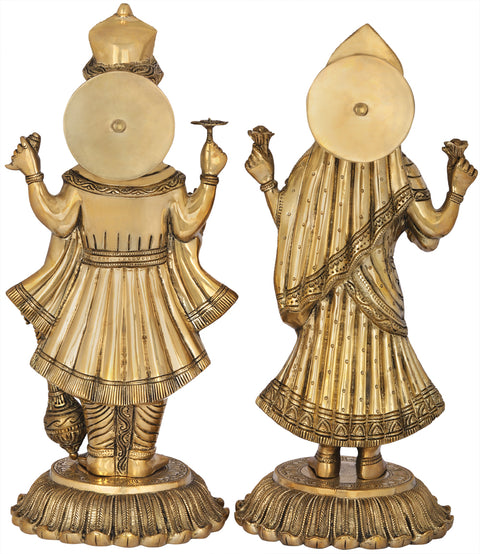 18" Standing Vishnu and Lakshmi on Upturned Lotus Blooms | Handmade Brass Statue
