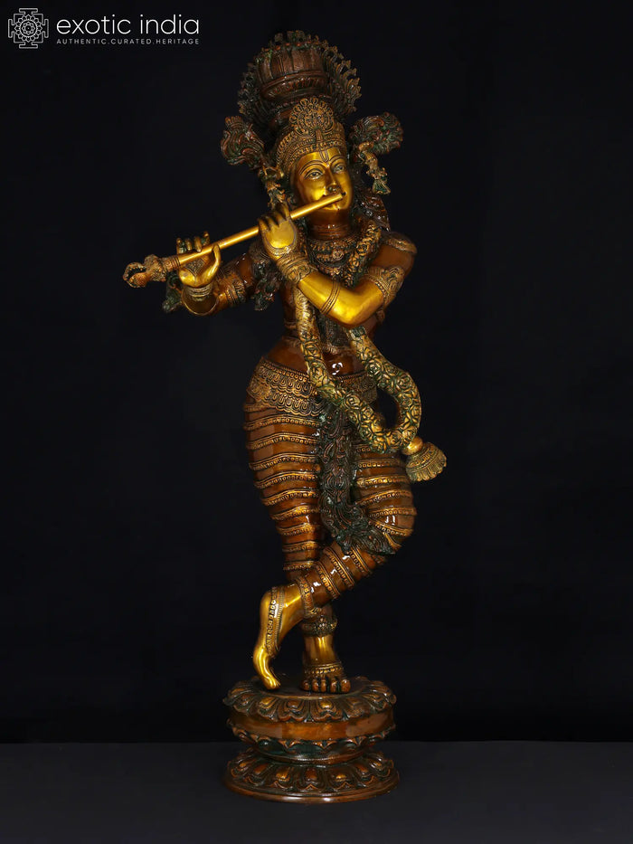 45" Superfine Lord Krishna Brass Statue with Flower Necklace
