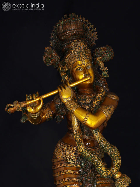 45" Superfine Lord Krishna Brass Sculpture with Swaying Necklace of Flowers